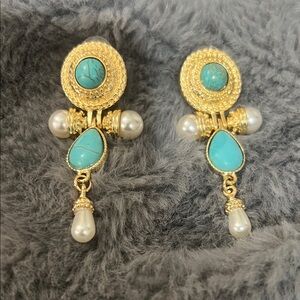 Gold-Tone Turquoise & Pearl Drop Fashion Earrings NEW